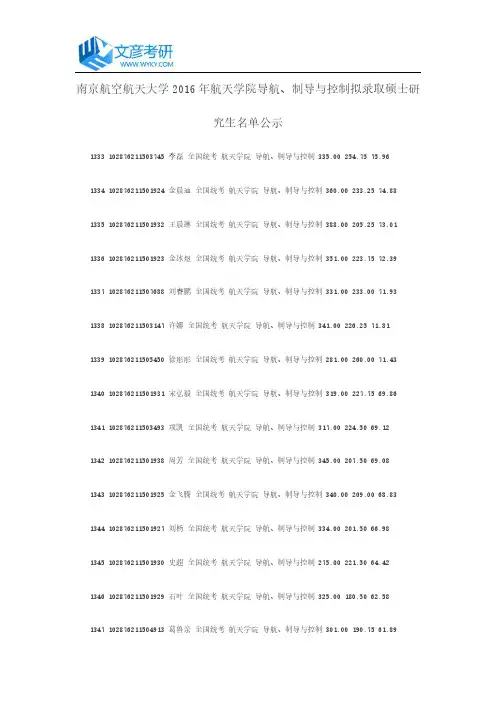 南京航空航天大学2016年航天学院导航、制导与控制拟录取硕士研究生名单公示
