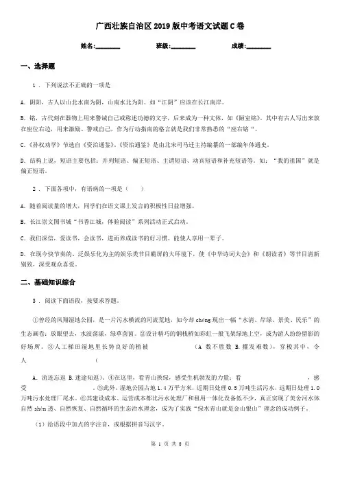广西壮族自治区2019版中考语文试题C卷