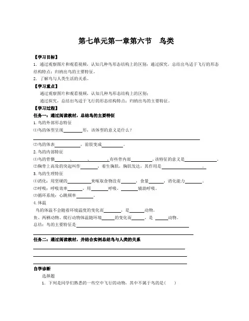鲁科版(五四制)八上生物7.1.6鸟 导学案设计(无答案)