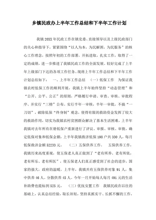 乡镇民政办上半年工作总结和下半年工作计划