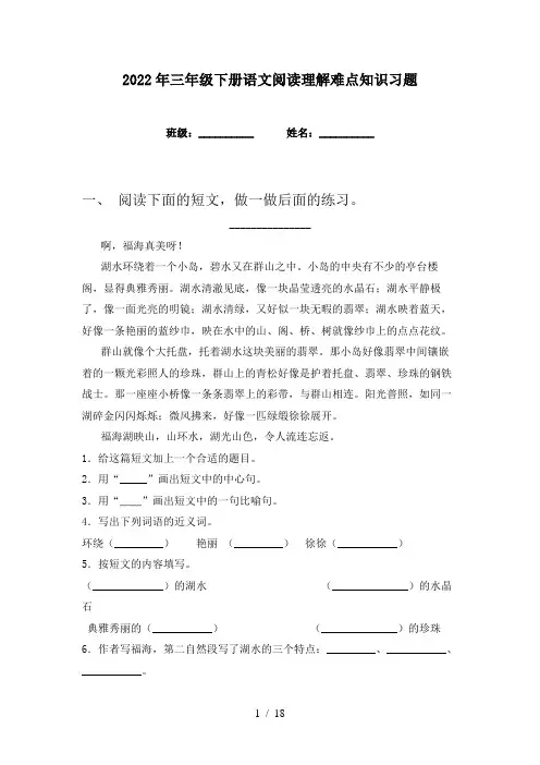 2022年三年级下册语文阅读理解难点知识习题
