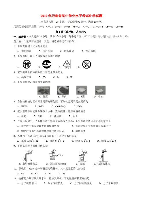云南省2019年中考化学真题试题Word版含答案