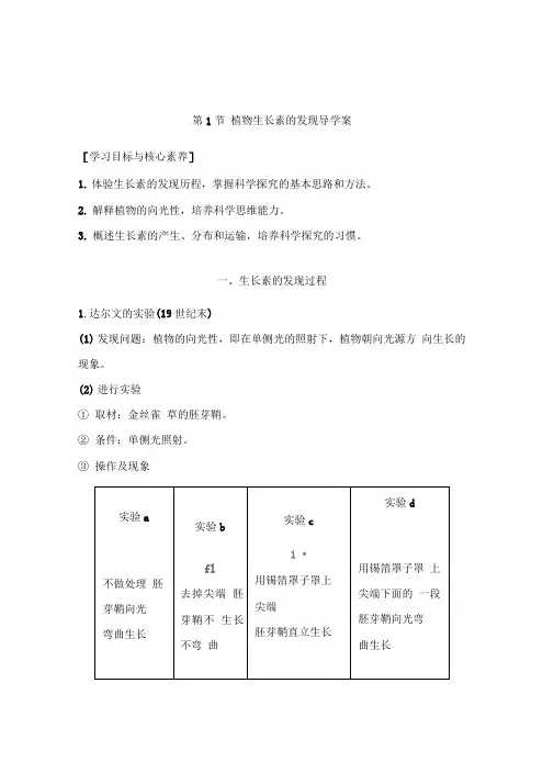 高二生物人教版必修3：植物生长素的发现导学案