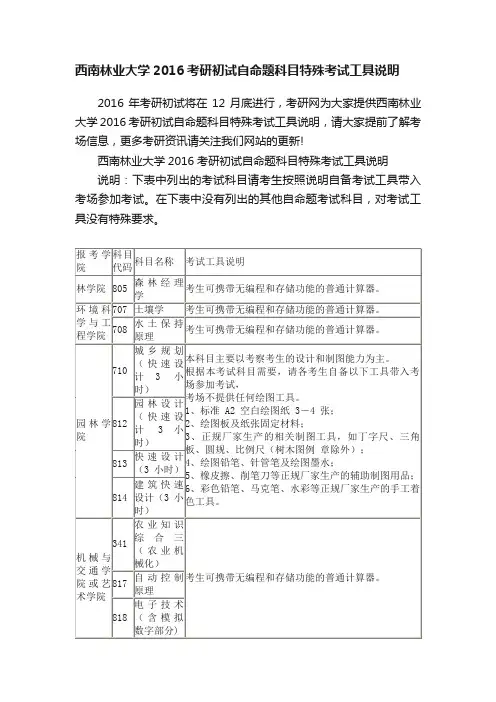 西南林业大学2016考研初试自命题科目特殊考试工具说明
