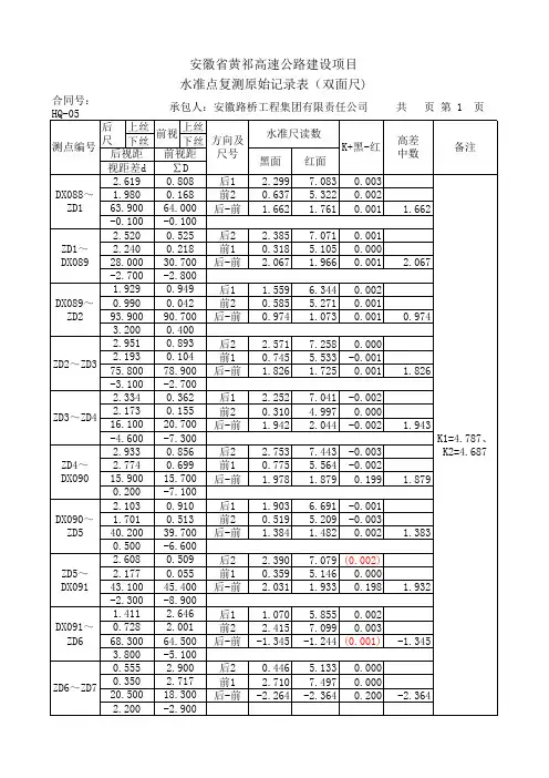 水准点复测原始记录表(双面尺表格
