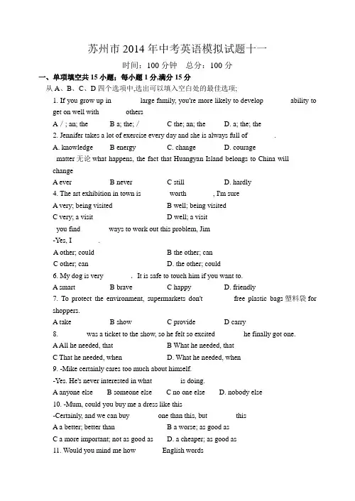 苏州市中考英语模拟试题十一含答案解析
