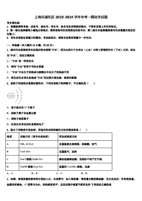 上海市浦东区2023-2024学年中考一模化学试题含解析