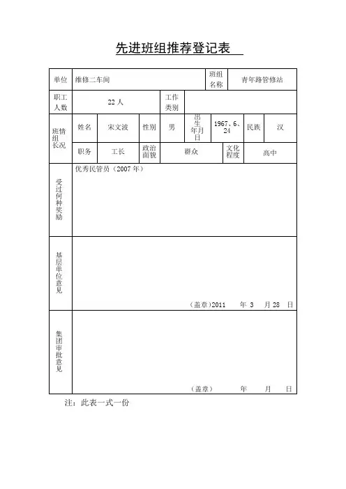 先进班组推荐登记表