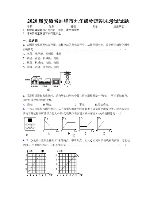 最新2020届安徽省蚌埠市九年级物理期末考试试题及解析