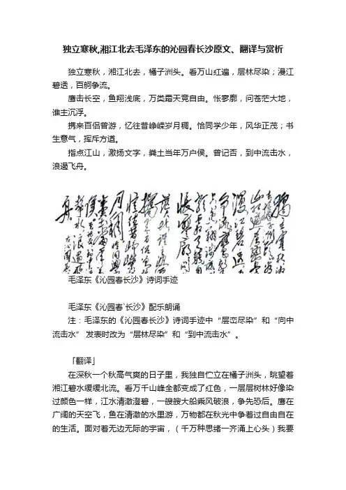 独立寒秋,湘江北去毛泽东的沁园春长沙原文、翻译与赏析