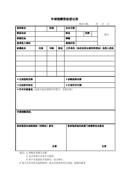 申请捐赠资助登记表