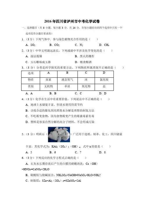 2016年四川省泸州市中考化学试卷(含解析版)