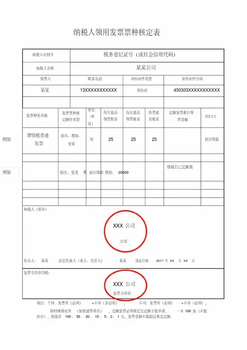 纳税人领用发票票种核定表填写模板