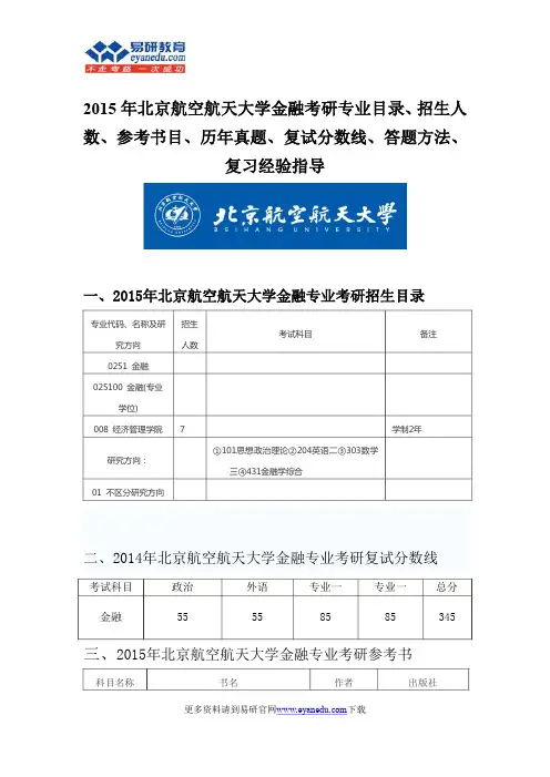2015北京航空航天大学金融考研专业目录招生人数参考书目历年真题复试分数线答题方法