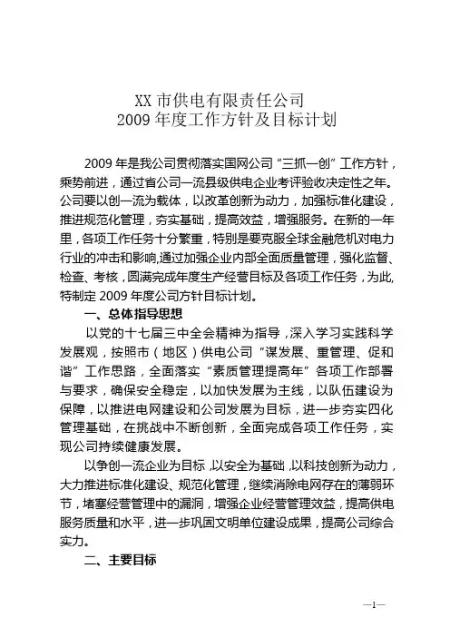 供电公司年度工作方针及目标计划
