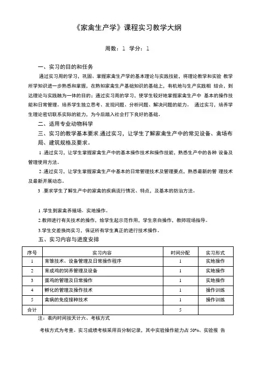 《家禽生产学》课程实习教学大纲