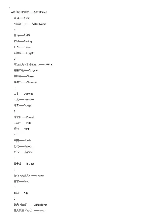 汽车品牌中英文对照表