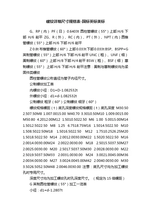 螺纹详细尺寸规格表-国标英标美标