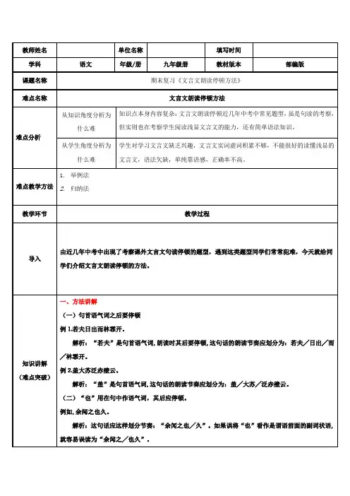 中考语文分析之 文言文朗读停顿方法