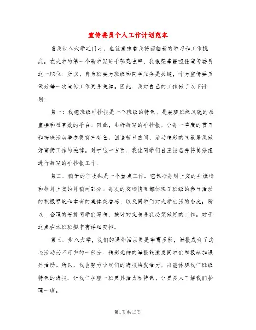 宣传委员个人工作计划范本（四篇）