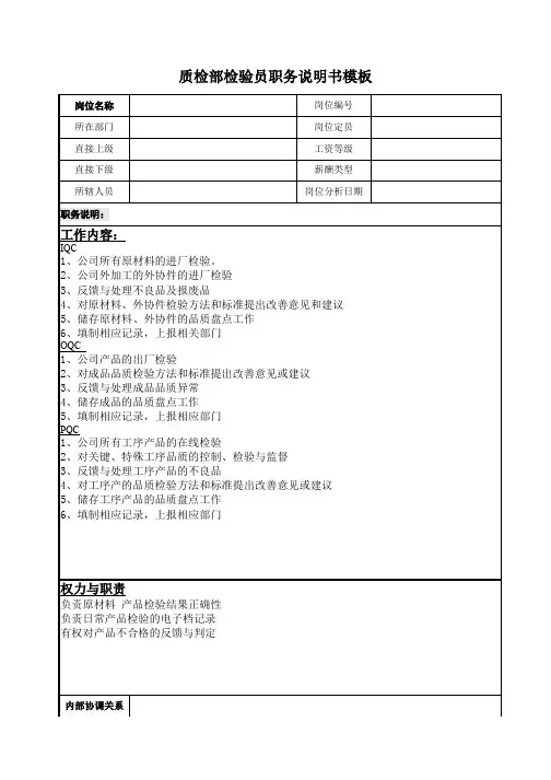 质检部检验员职务说明书模板