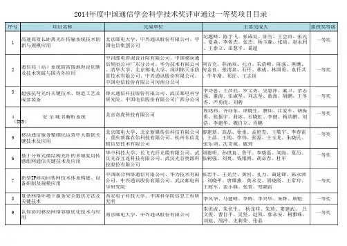 2014年度中国通信学会科学技术奖评审通过一等奖项目目录