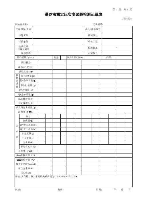 灌砂法测定压实度试验检测记录表