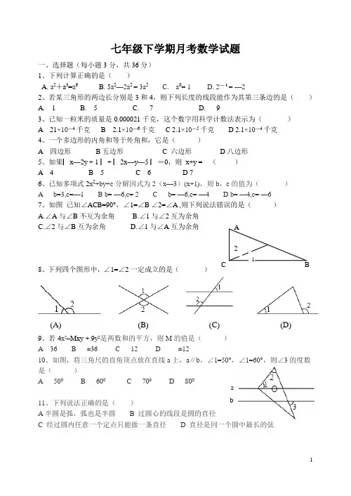 七年级下学期第三次月考数学试题(编辑后)