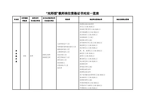 “双师型”教师岗位资格证书对应一览表