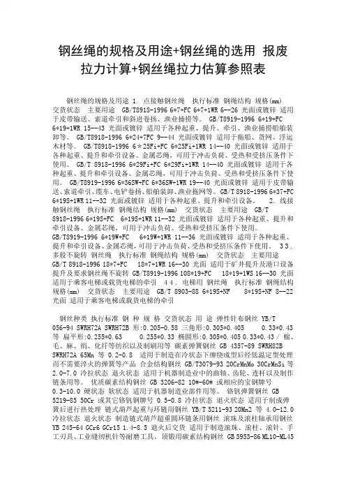 钢丝绳的规格及用途+钢丝绳的选用 报废 拉力计算+钢丝绳拉力估算参照表.doc