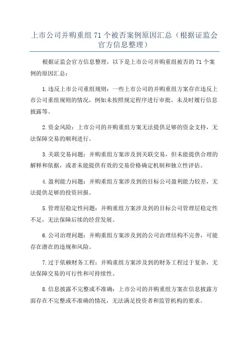 上市公司并购重组71个被否案例原因汇总(根据证监会官方信息整理)
