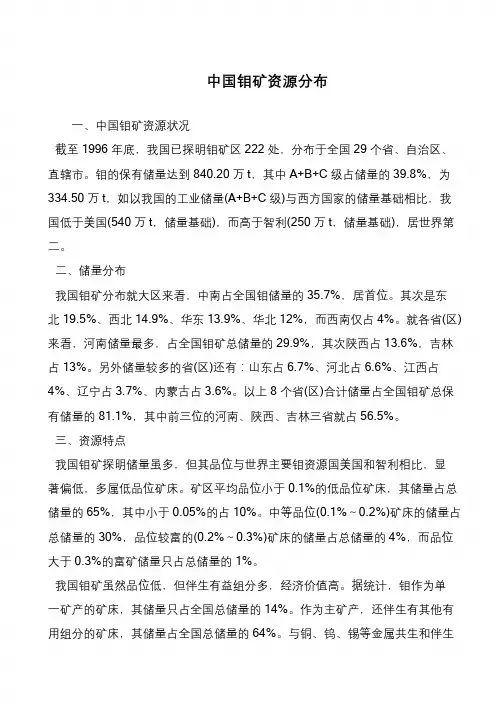 中国钼矿资源分布