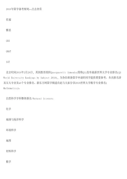 2018QS世界大学专业排名(数学)