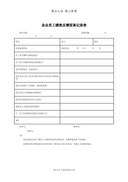 企业员工绩效反馈面谈记录表范本