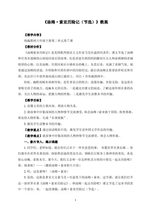 汤姆索亚历险记(节选)教案
