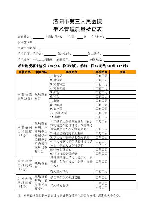 手术管理质量检查表(全表)