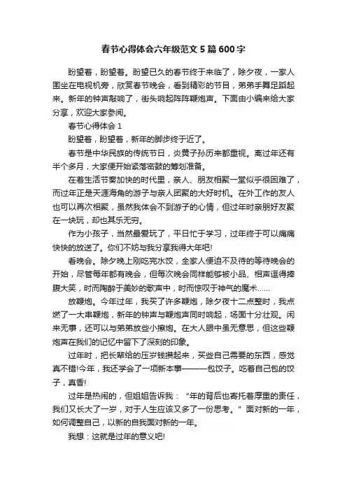 春节心得体会六年级范文5篇600字