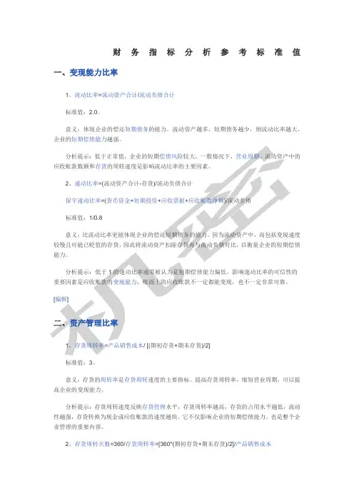 财务指标参考标准值