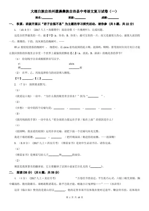 大理白族自治州漾濞彝族自治县中考语文复习试卷(一)