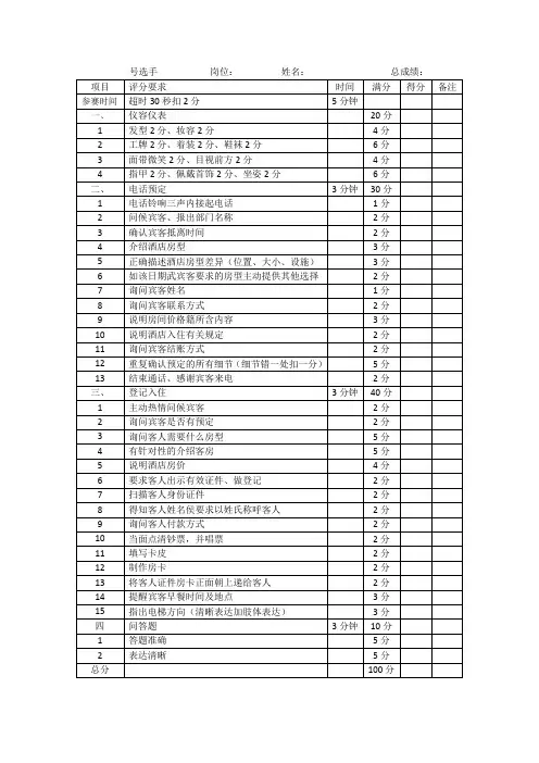 前台技能评分表