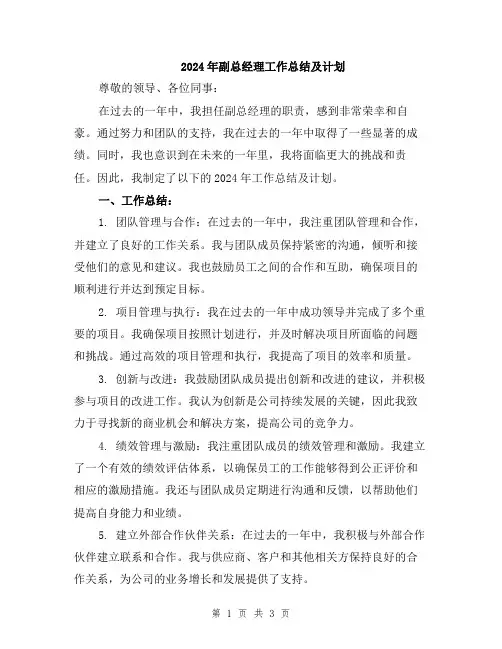 2024年副总经理工作总结及计划