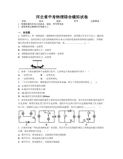 河北省中考物理综合模拟试卷附解析