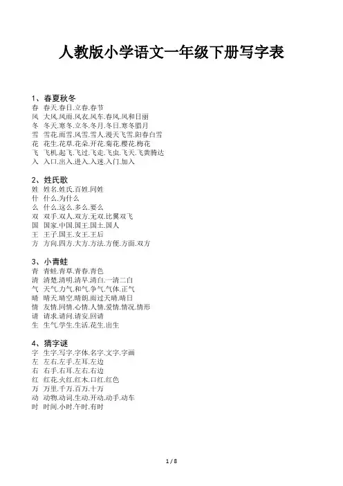 人教版小学语文一年级下册写字表