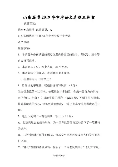 山东淄博中考语文真题及答案
