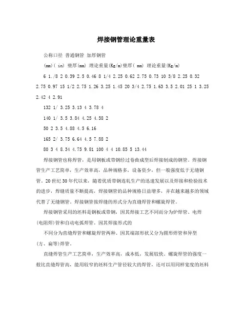 焊接钢管理论重量表