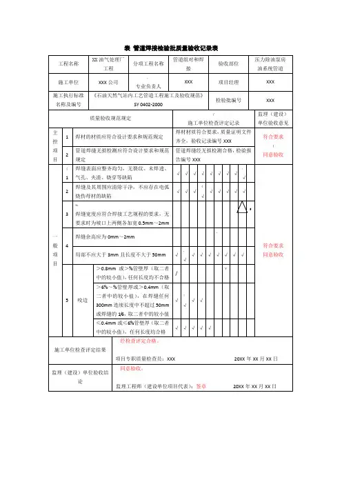表C.4管道焊接检验批质量验收记录表