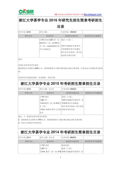 浙江大学茶学专业2016年研究生招生简章考研招生目录