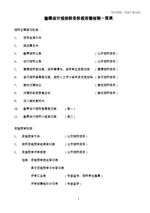 勘察设计招投标各阶段所需材料一览表