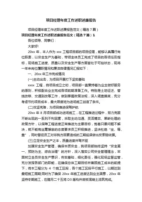 项目经理年度工作述职述廉报告