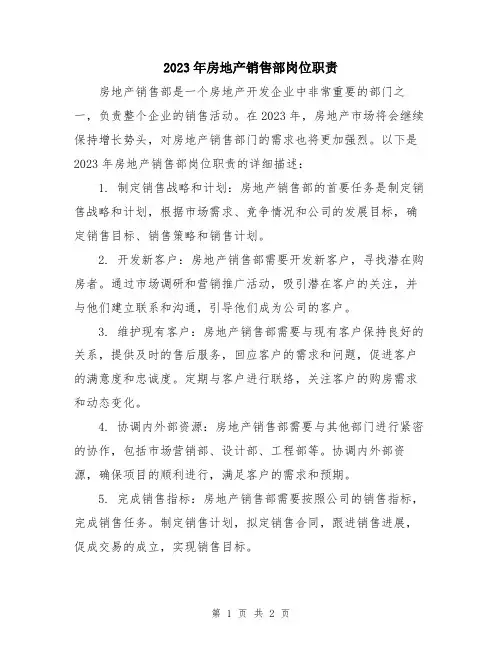 2023年房地产销售部岗位职责